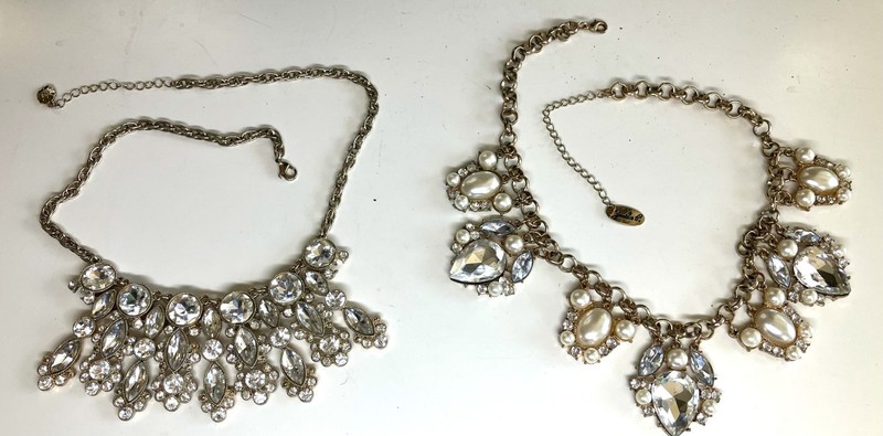 Vintage Lot 2  Gold Tone Rhinestone Faux Pearl Dangles Chain Chunky Necklaces
