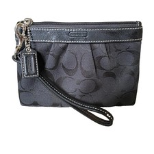 Vtg Coach Jacquard Leather Wristlet Clutch Black Pleated Zip Classic Pouch Purse