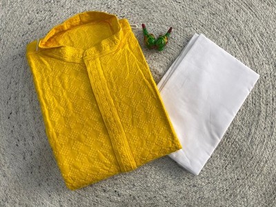 Skyview Fashion Herren Kurta Pajama Set Gelb Baumwolle Rayon Vollarm