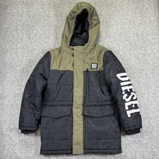 Diesel JBILLS Boys Puffer Jacket 8Y Black Olive Hooded Logo Sleeve Snow/Ski Coat