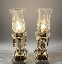 Pair of Vtg Cube Glass Hollywood Regency Boudoir Lamps Etched w/Glass Prisms