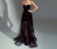 Sexy Black Sleeveless Lace Appliques Evening Dress Sweetheart Illusion PartyGown