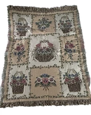 Baskets of Pansies Tapestry Throw Blanket Cotton Flowers Floral Cottagecore  Vtg
