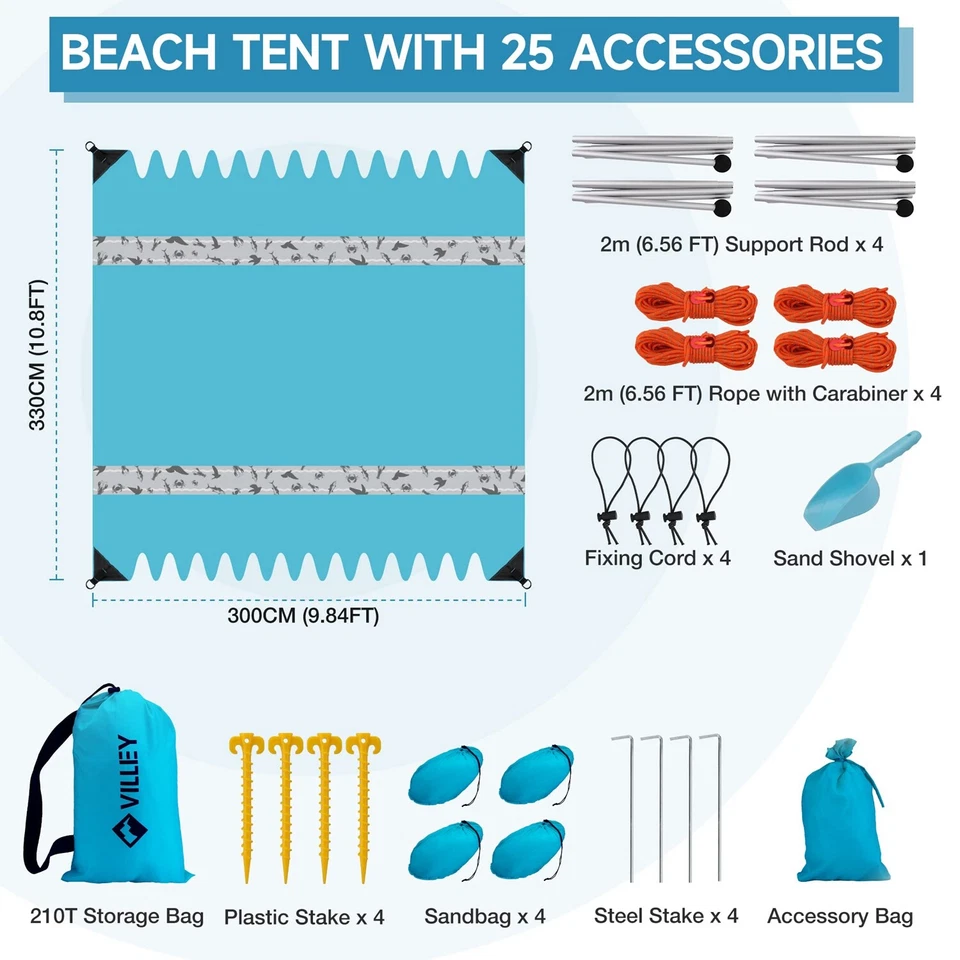 Barraca de praia Villey 11×10 pés abrigo solar UPF50+proteção portátil sombra solar 4 pólos - Imagem 2 de 4