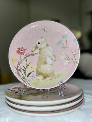Potters Studio Set of Pink Easter Bunny Spring Pastel Floral Appetizer  Plates