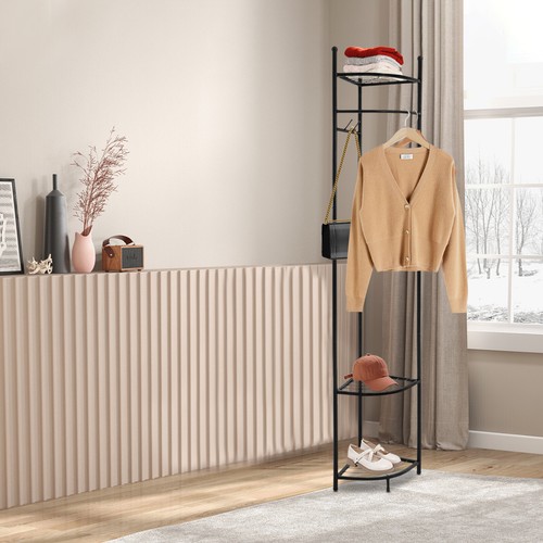 Bedroom Freestanding Coat Rack Clothes Hanger 4 Hooks 3 Organizer Storage Shelf - Picture 10 of 13