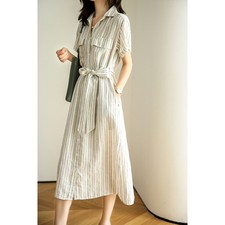 Women's Casual Loose Plus Size  Linen Waist Cinching Tie Up Striped Shirt Dress
