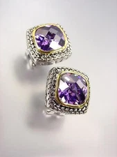 EXQUISITE Balinese Silver Wheat Cable Purple Amethyst CZ Crystal Square Earrings