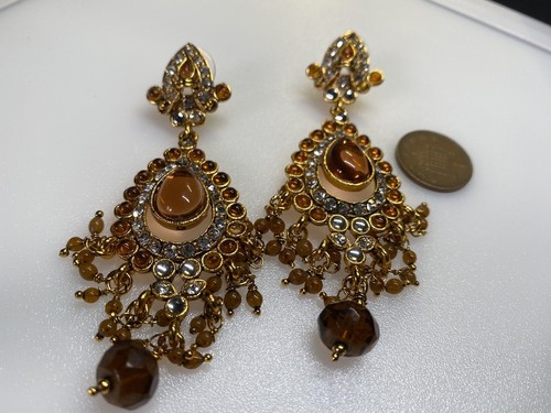 Vintage Earrings Dangle Drop Gold Metal Crystal Glass Diamanté - Picture 4 of 12