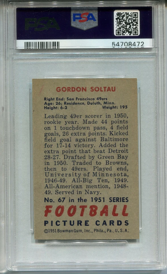 1951 Bowman #67 Gordon Soltau PSA 7 NM San Francisco 49ers - Image 2 of 2