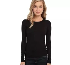 Splendid Womens Rib Classic Long Sleeve Crew Neck Tee, Size Large, Color Black.