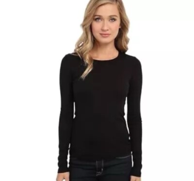 Splendid Womens Rib Classic Long Sleeve Crew Neck Tee, Size XXL, Color Black.