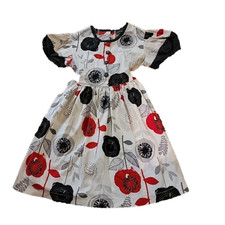 Girls Dress Floral Size 4-5 Red Black White Buttons Tie On Back Cinched Waist