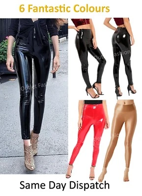 Ladies Womens Wet Look Shiny Leather Look Pvc Fashion Trousers Leggings NEW - Image 1 of 4