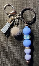 Handmade Beaded Keychain with Mini Pom Pom, Tassel On Metal Bar