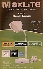 MaxLite 3.5W LED Desk Lamp USB Charging Port Adjustable Neck Switch On/Off WHITE