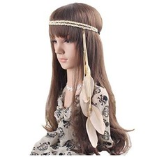 Feather Headband Hippie Indian Boho Hair Bands Tassel Bohemian Beige Tone
