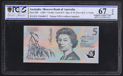 1993 $5 Dollar Fraser/Evans - Last Prefix EA93 Pale Green PCGS GEM 67 - CV $450