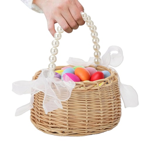 Wicker Rattan Flower Girl Basket Wedding Flower Girl Basket with Pearl Handle - Picture 3 of 14