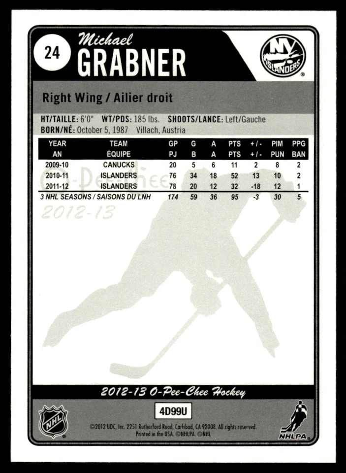 2012-13 O-Pee-Chee RAINBOW FOIL Michael Grabner New York Islanders #24 - Image 2 of 2