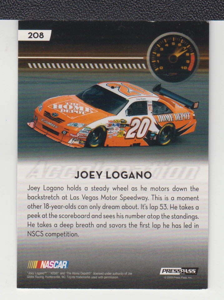 JOEY LOGANO : 2009 - PRESS PASS ACCELERATION RED - ROOKIE - CARD No. # 208 - Image 2 of 2