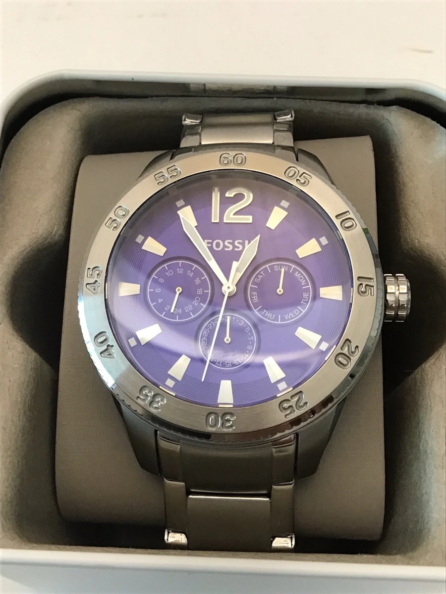 FOSSIL SILVER TONE BLUE DIAL MULTI FUNCTION STAINLESS STEEL WATCH
