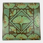 Tzadi Turrou Arts & Crafts Style Green Gingko Leaf Decorated Art Pottery Tile
