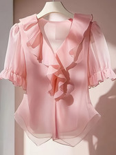Elegant V-Neck Short-Sleeve Blouse with Ruffled Collar Sheer Women Fashion New