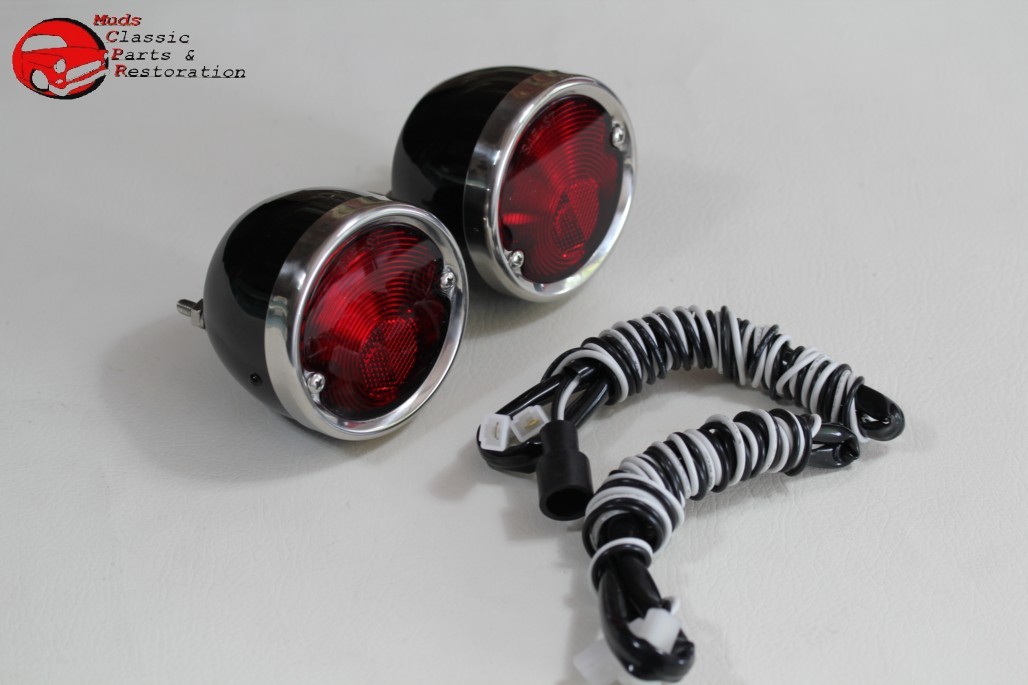 55-59 Chevy GMC Stepside Pickup Truck Rear Tail Lamps Lights Black Housing Pair