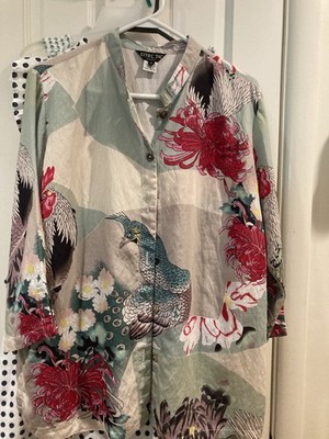 CITRON Of Santa Monica Rooster Garden Scene Blouse Sz M