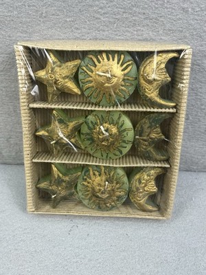 Vintage 90s Celestial Sun and Moon Tea Candles Set Of 9 Gold & Green