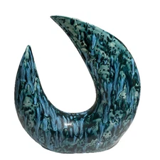 MCM Blue Crescent Moon Vase Appx 13” Decor Unique Design Flowers Ceramic