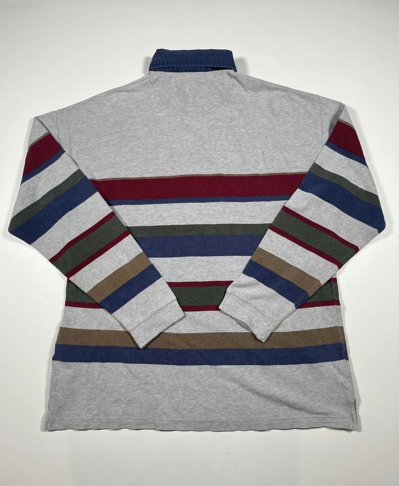 Arizona Jean Company Polo Shirt Mens Large Gray Striped Rugby Long Sleeve Cotton - Image 2 of 4