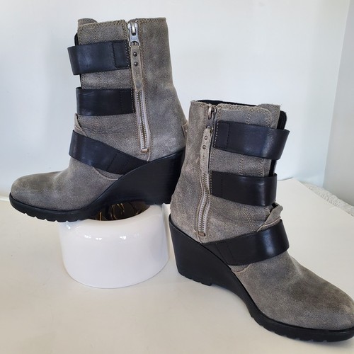 Sorel 6,5 After Hours Leder Bootie grau grün Seitenreißverschluss Nori Keilabsatz 3" Moto EUC - Bild 2 von 15