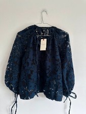 Image of New Ted baker blouse flocked short length puff sleeve navy sheer 10 size 2