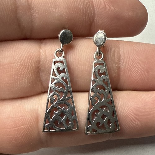 STERLING SILVER OPEN TRIANGLE SCROLLWORK DANGLE EARRINGS -3.9g - Picture 1 of 6