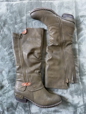 Rieker Bernadette Lined Tall Heeled Double Zip Boots Olive Green EU 37