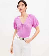 Ann Taylor LOFT Size Medium Seersucker Twist Puff Sleeve Top Pink Cotton Blend