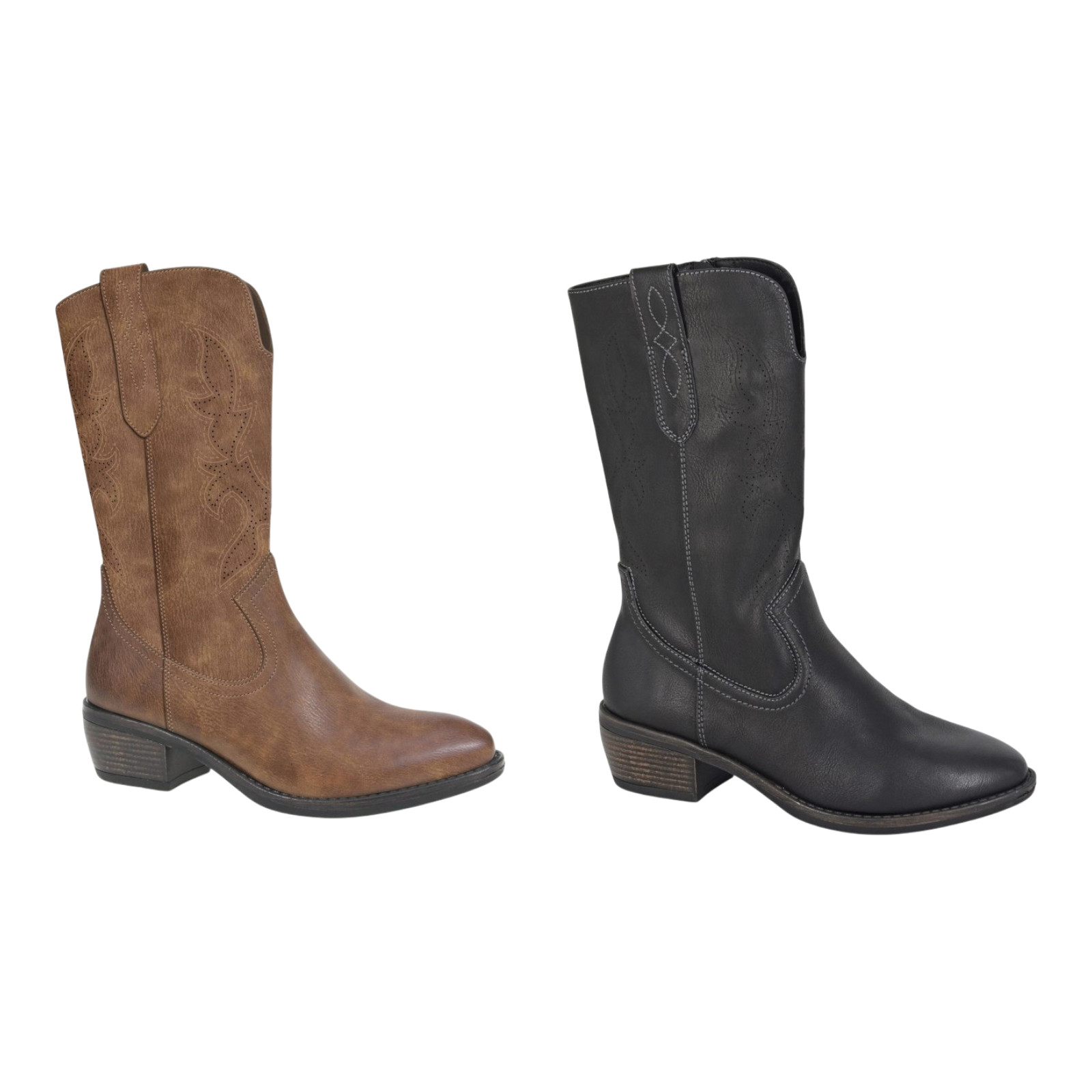 Cipriata Damas Botas de Vaquero Media Pantorrilla Mujeres Negro Imitación Cuero Zapatos Occidentales