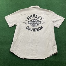 Vintage Harley Davidson Shirt Mens L Beige Biker Shield Work Shop Button Up