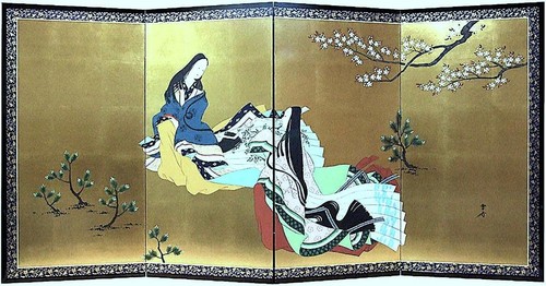 Japanese Folding Screen Byobu Gold Leaf Painting Heian Princess 90x180cm