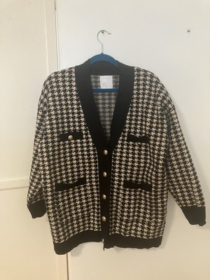Sandro Chic Black and Cream Houndstooth Cardigan