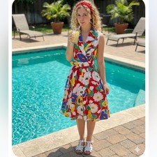 Vintage Miss Dorby Colorful Floral Midi Dress Size 8 Tea length red,yellow, blue