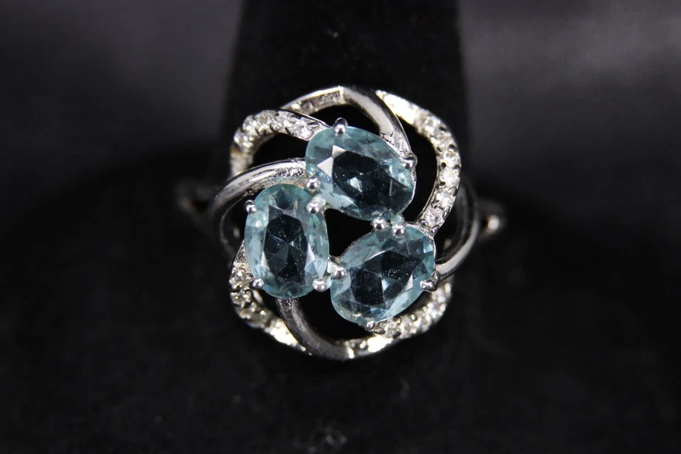 复古 S925 签名纯银 925 蓝色 CZ CLUSTER COCKTAIL 戒指 尺寸 5.5 — 第 2/4 张图片