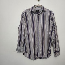 Bugatchi Uomo Large Mens Striped Button Up Shirt 100 Cotton Stitch Collar L