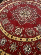 Handmade Kazak Round Rug 8X8 ft Geometric Oriental Wool Carpet Living Room