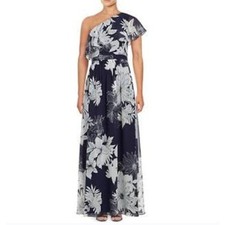Vince Camuto Chiffon One Shoulder Floral Maxi Navy White 4 Wedding Tropical Airy