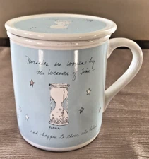 Flavia Weedn  "Miracles" Papel Inc Covered Coffee Tea Cup Mug w/ Lid Lt Blue VTG