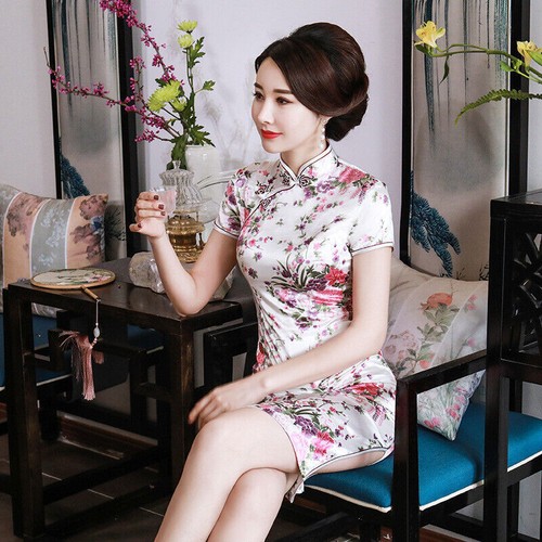 Chinese Traditional Cheongsam Womens Silk Satin Mini Dress Prom Qipao Size S-6XL - Picture 6 of 16