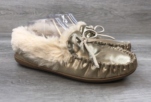 J. Crew Women's Gold Faux Leather Faux Fur Lined Slippers Size 9M (BC280)